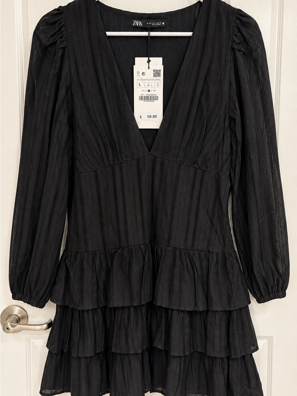 Zara Black Tiered Ruffle Mini Dress Long Sleeve NWT Size L